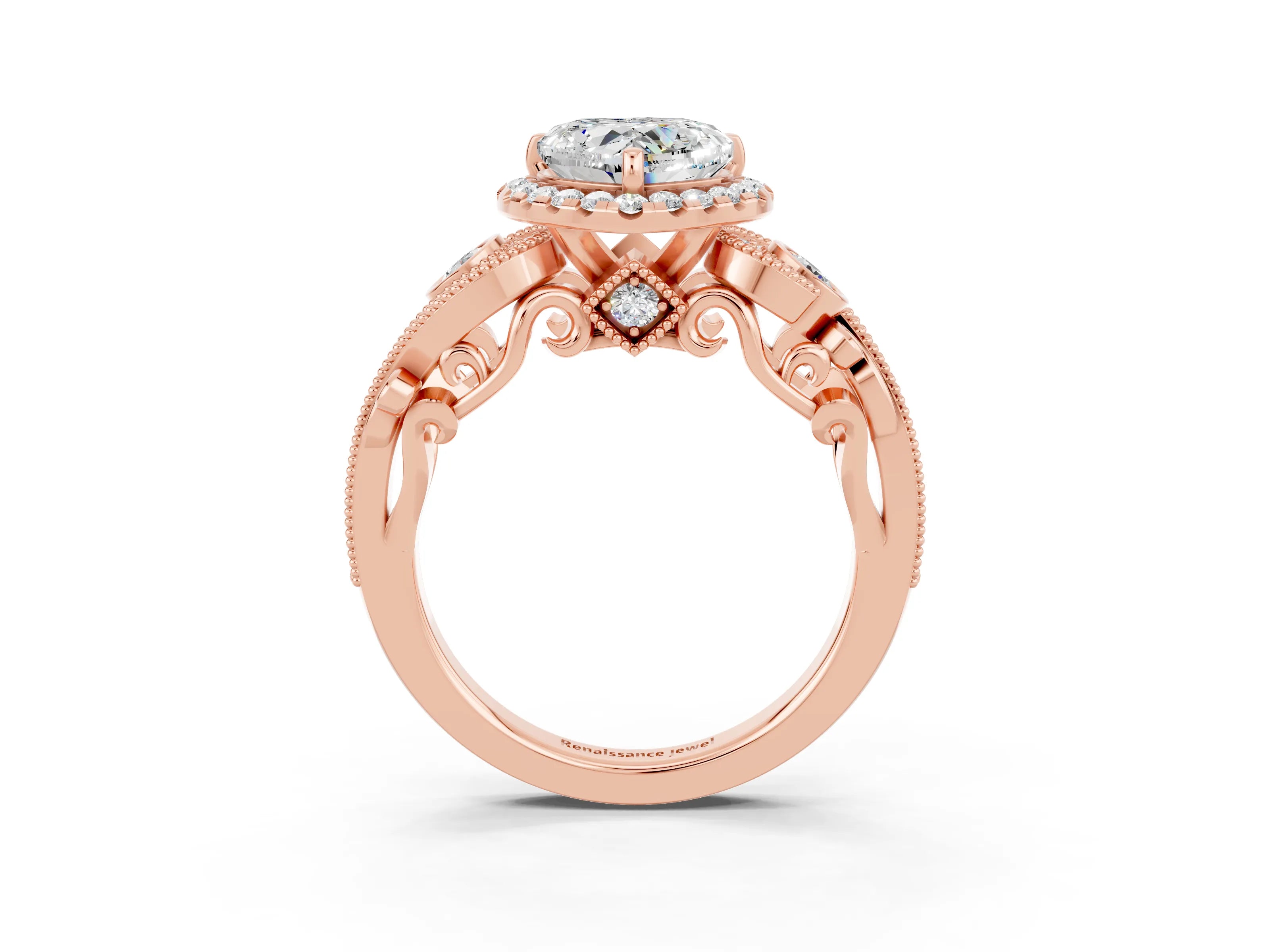 Rose gold Heart Cut Moissanite Halo Ring with Milgrain Pavé Band and Four-Prong Setting_15