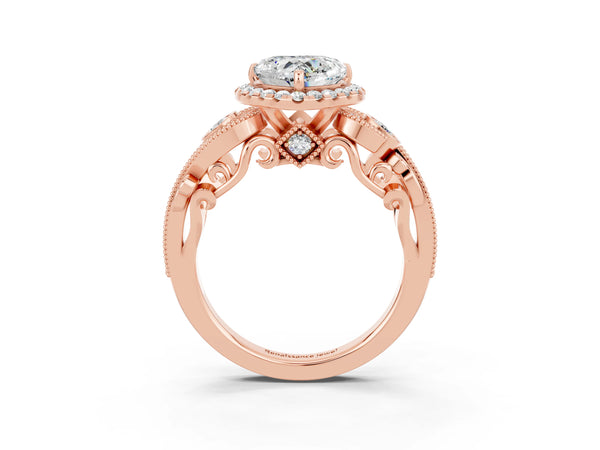 Rose gold Heart Cut Moissanite Halo Ring with Milgrain Pavé Band and Four-Prong Setting