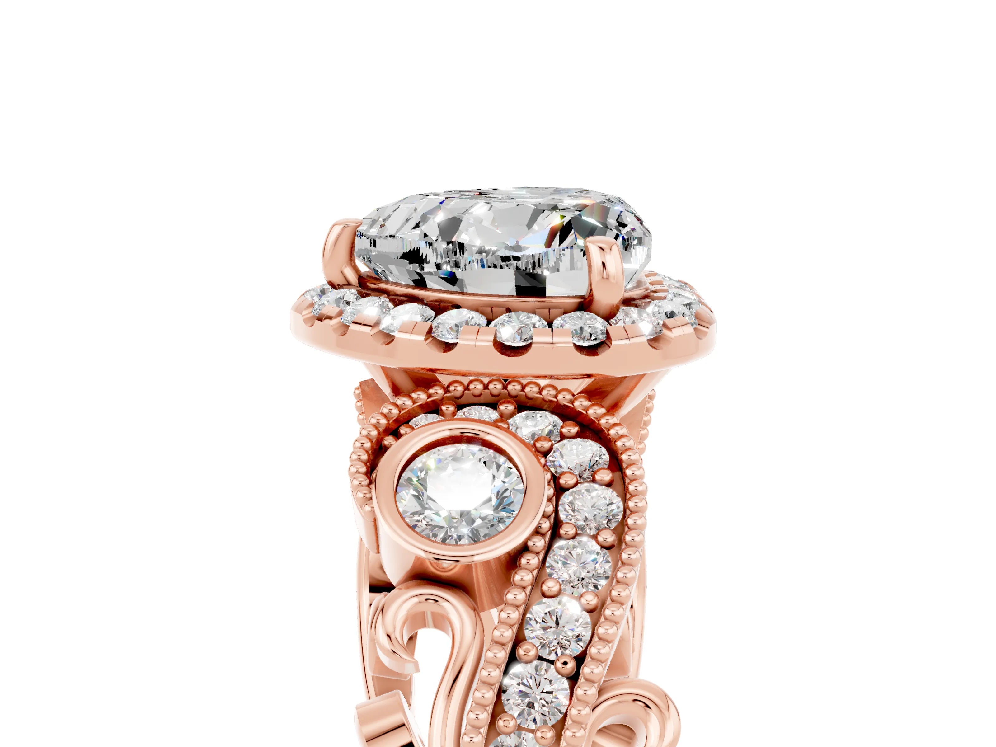 Rose gold Heart Cut Moissanite Halo Ring with Milgrain Pavé Band and Four-Prong Setting_17