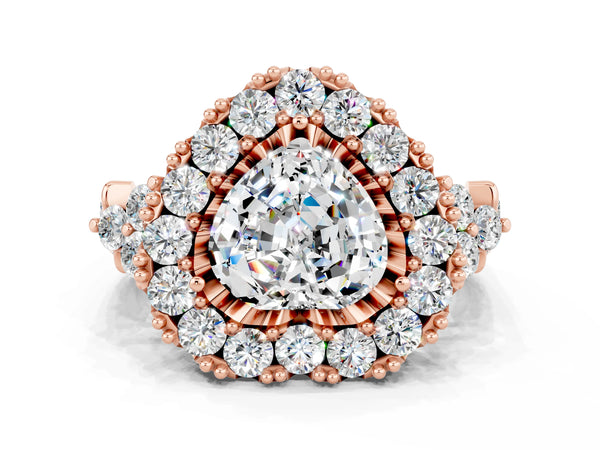 Rose gold Heart Cut Moissanite Halo Ring with Pavé Band and Four-Prong Setting
