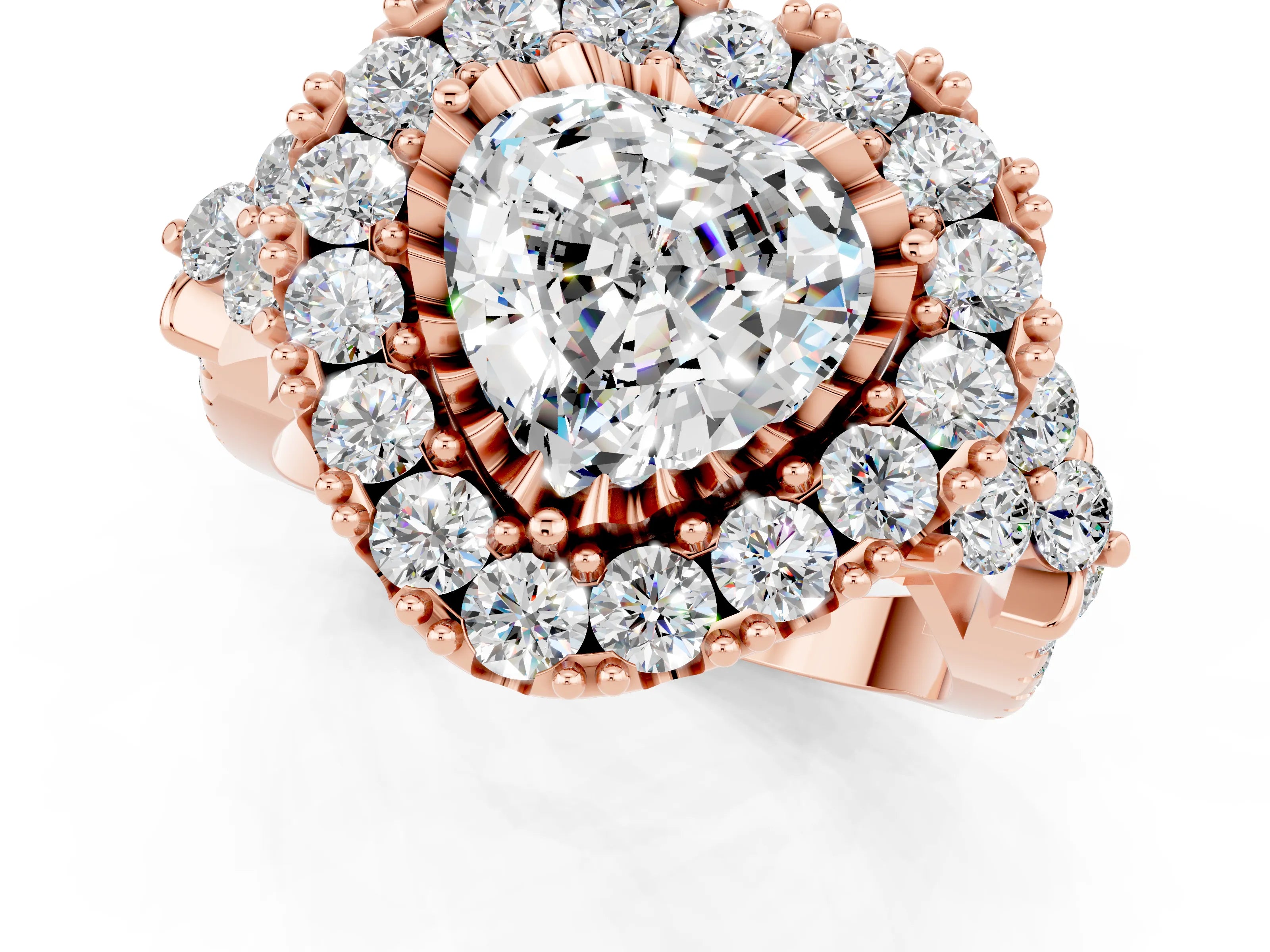 Rose gold Heart Cut Moissanite Halo Ring with Pavé Band and Four-Prong Setting_13