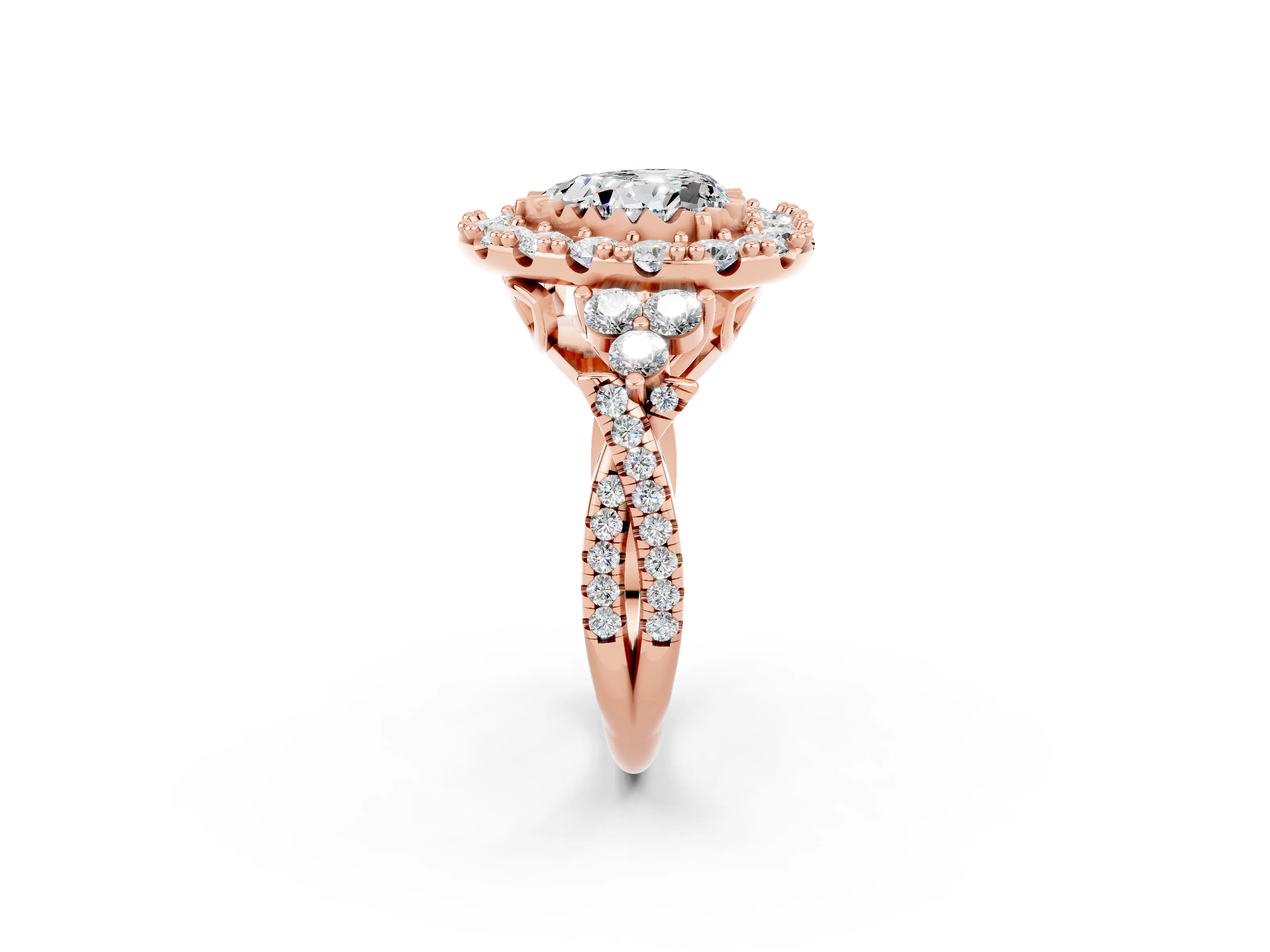 Rose gold Heart Cut Moissanite Halo Ring with Pavé Band and Four-Prong Setting_14