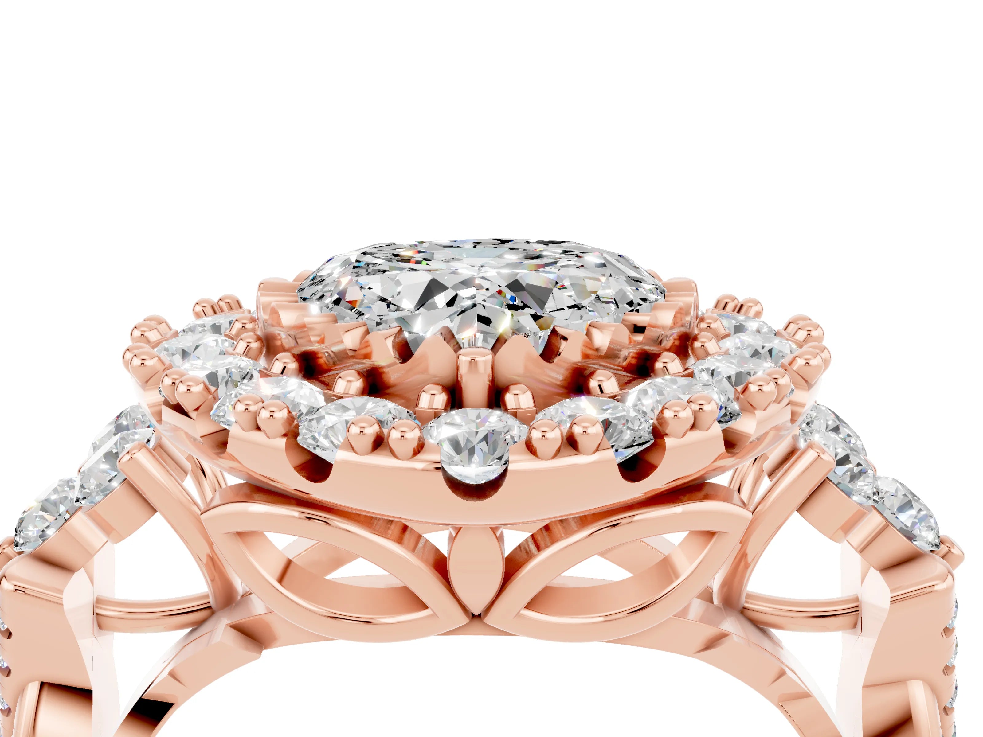 Rose gold Heart Cut Moissanite Halo Ring with Pavé Band and Four-Prong Setting_16