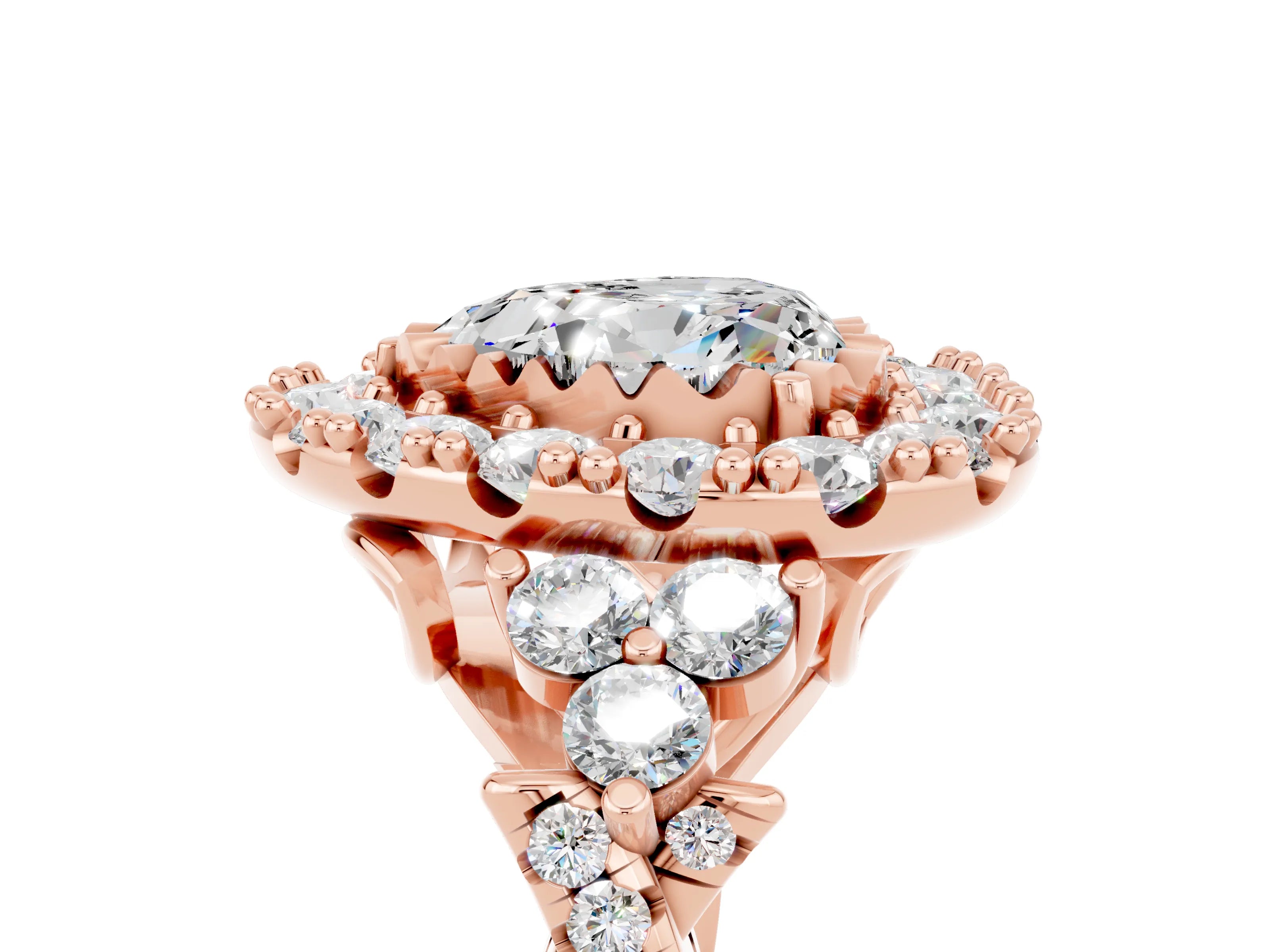Rose gold Heart Cut Moissanite Halo Ring with Pavé Band and Four-Prong Setting_17