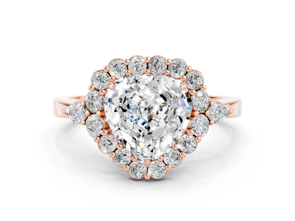 Rose gold Heart Cut Moissanite Halo Ring with Pear Side Stones and Prong Setting