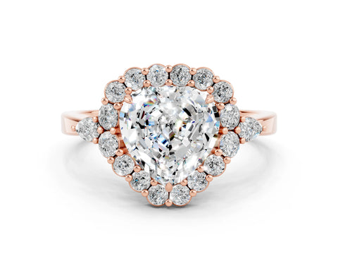 Rose gold Heart Cut Moissanite Halo Ring with Pear Side Stones and Prong Setting_12