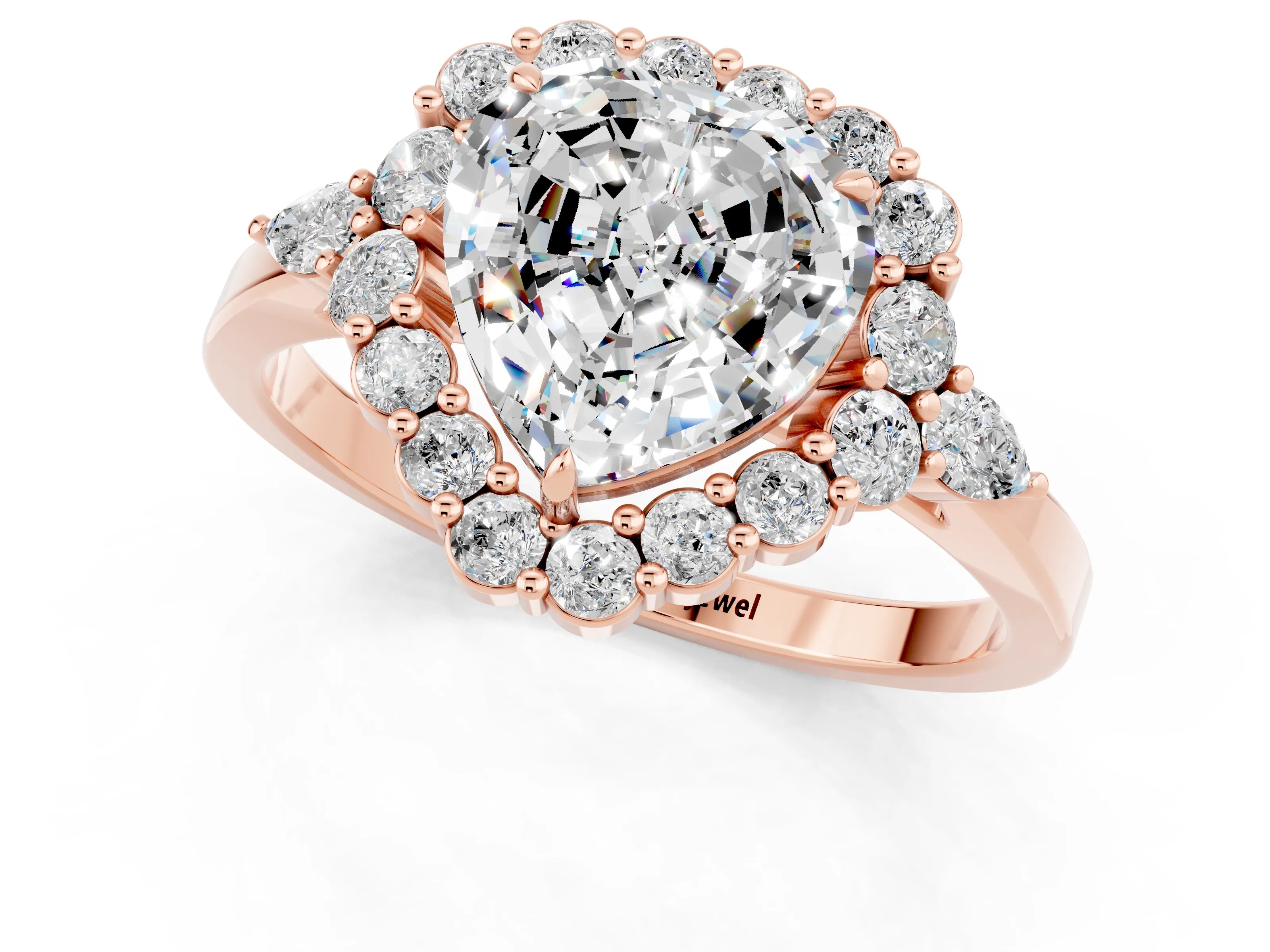 Rose gold Heart Cut Moissanite Halo Ring with Pear Side Stones and Prong Setting_13