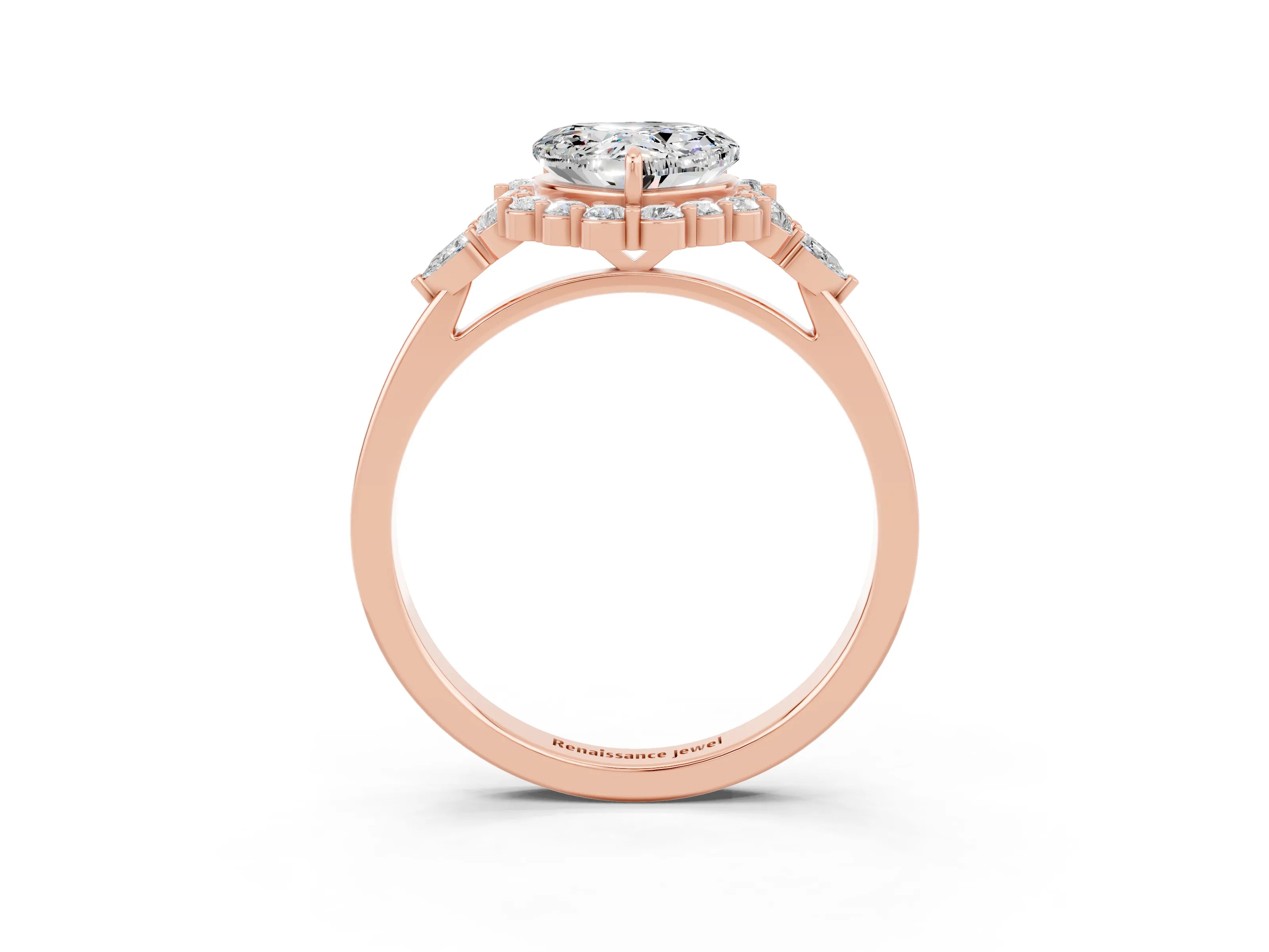 Rose gold Heart Cut Moissanite Halo Ring with Pear Side Stones and Prong Setting_15