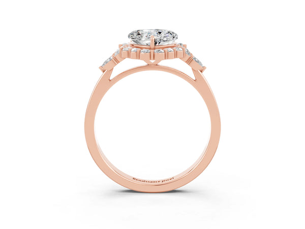 Rose gold Heart Cut Moissanite Halo Ring with Pear Side Stones and Prong Setting