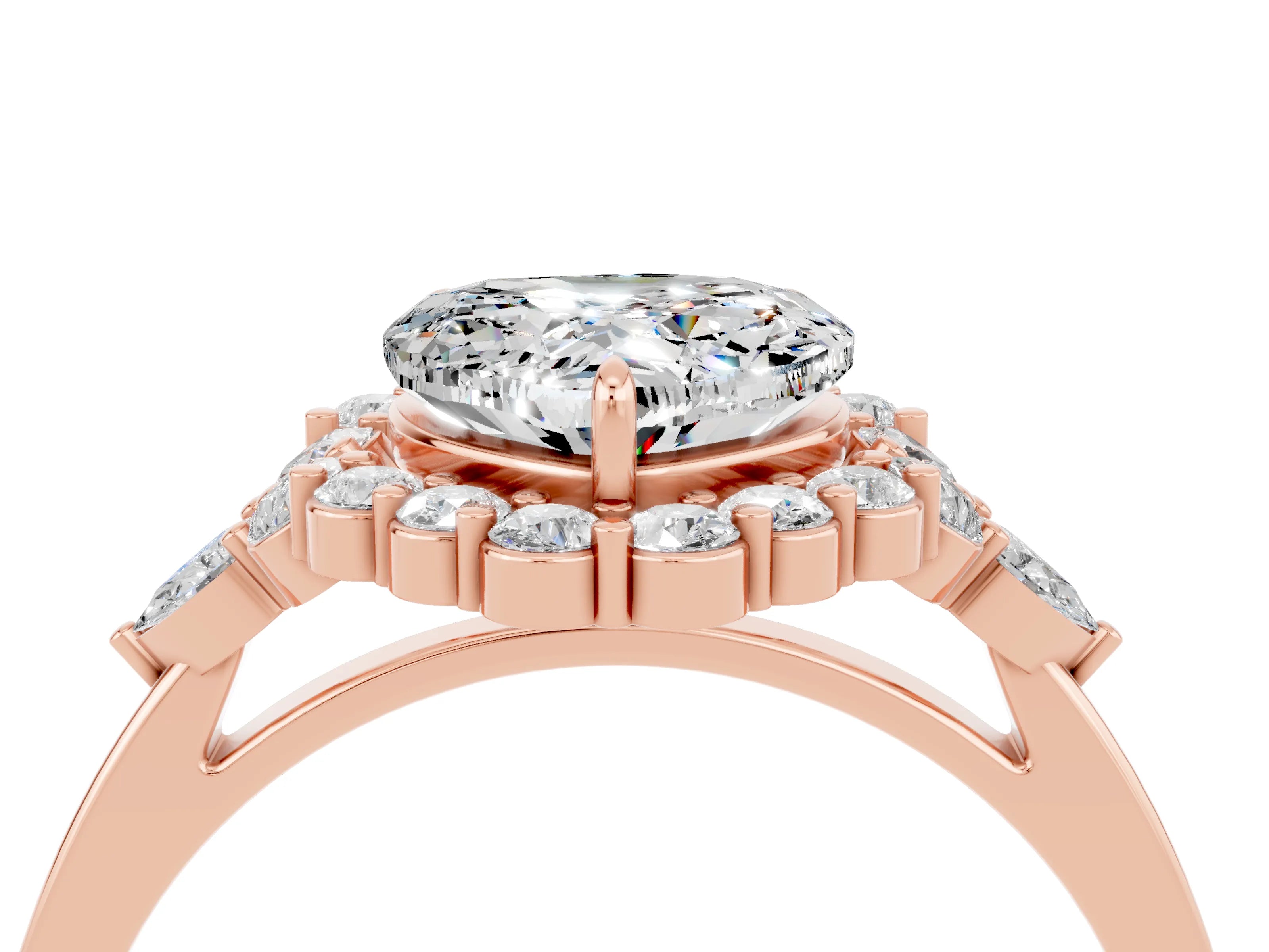Rose gold Heart Cut Moissanite Halo Ring with Pear Side Stones and Prong Setting_16