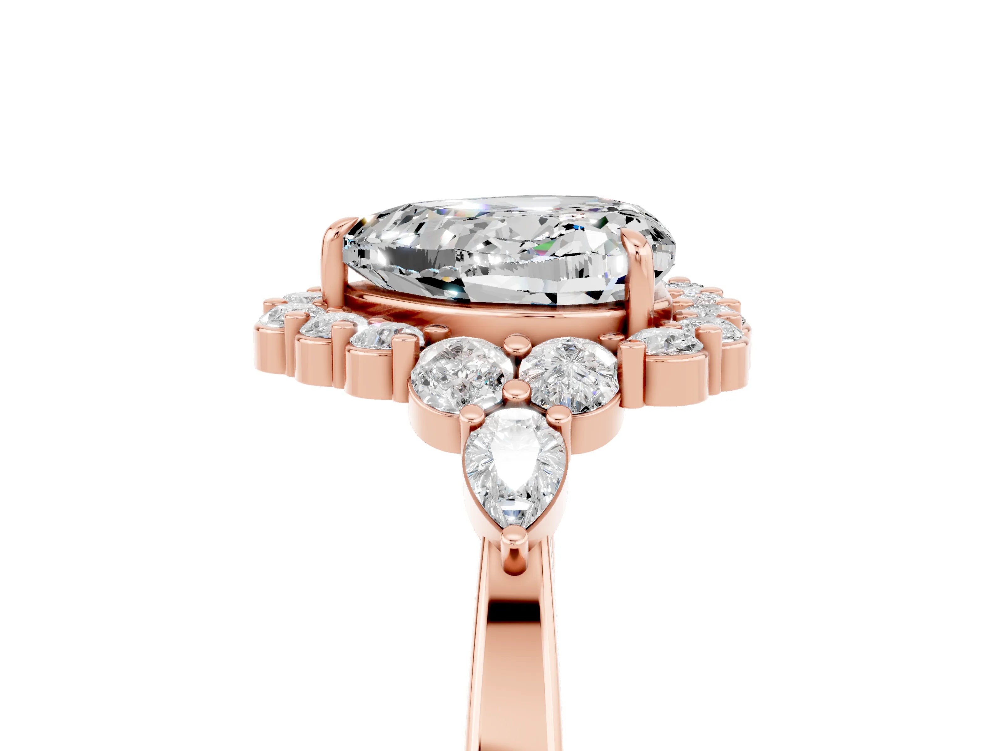 Rose gold Heart Cut Moissanite Halo Ring with Pear Side Stones and Prong Setting_17