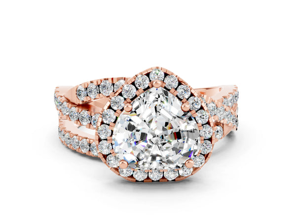 Rose gold Heart Cut Moissanite Halo Ring with Round Split Shank and Prong Setting