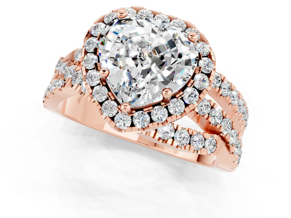 Rose gold Heart Cut Moissanite Halo Ring with Round Split Shank and Prong Setting