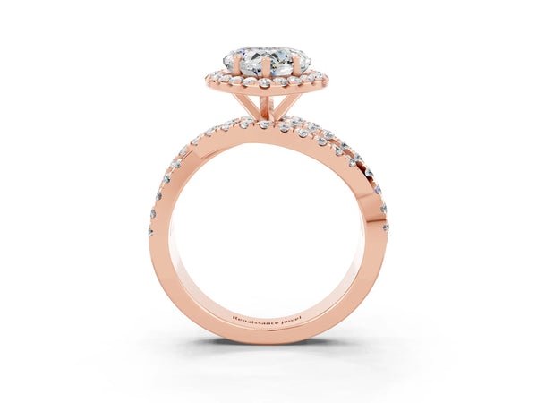 Rose gold Heart Cut Moissanite Halo Ring with Round Split Shank and Prong Setting