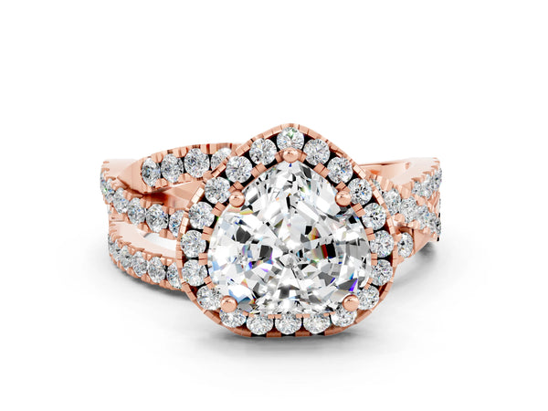 Rose gold Heart Cut Moissanite Halo Ring with Round Split Shank and Prong Setting