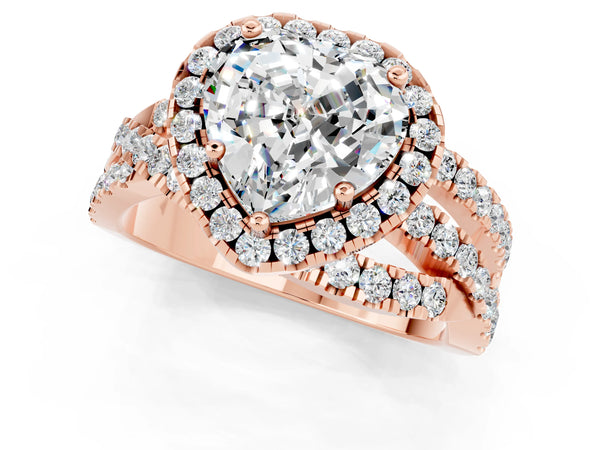 Rose gold Heart Cut Moissanite Halo Ring with Round Split Shank and Prong Setting