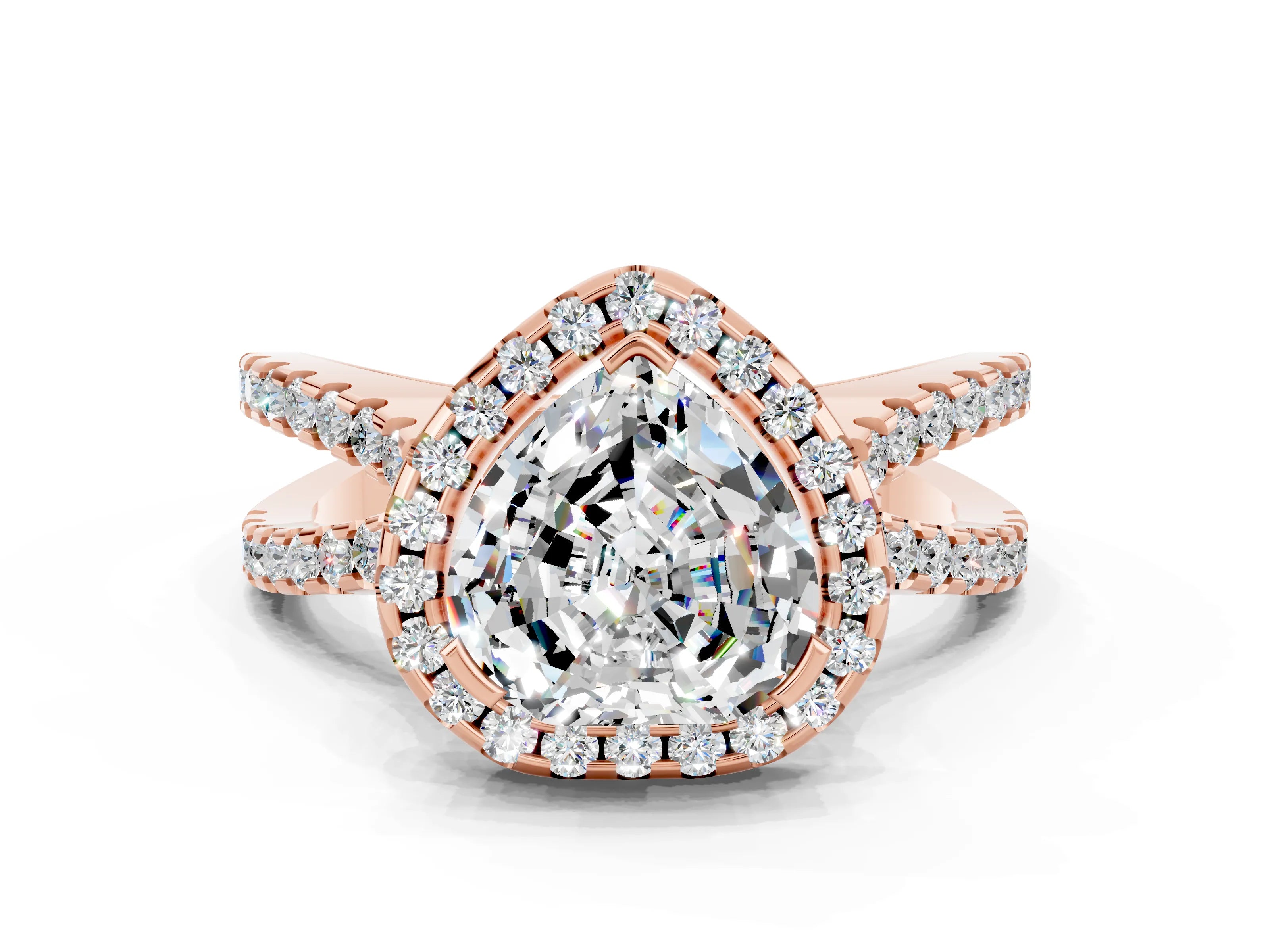 Rose gold Heart Cut Moissanite Halo Ring with Split Shank Pavé Band and Prong Setting