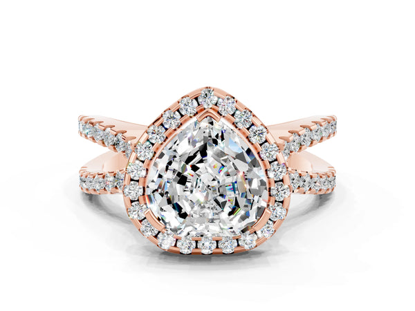 Rose gold Heart Cut Moissanite Halo Ring with Split Shank Pavé Band and Prong Setting