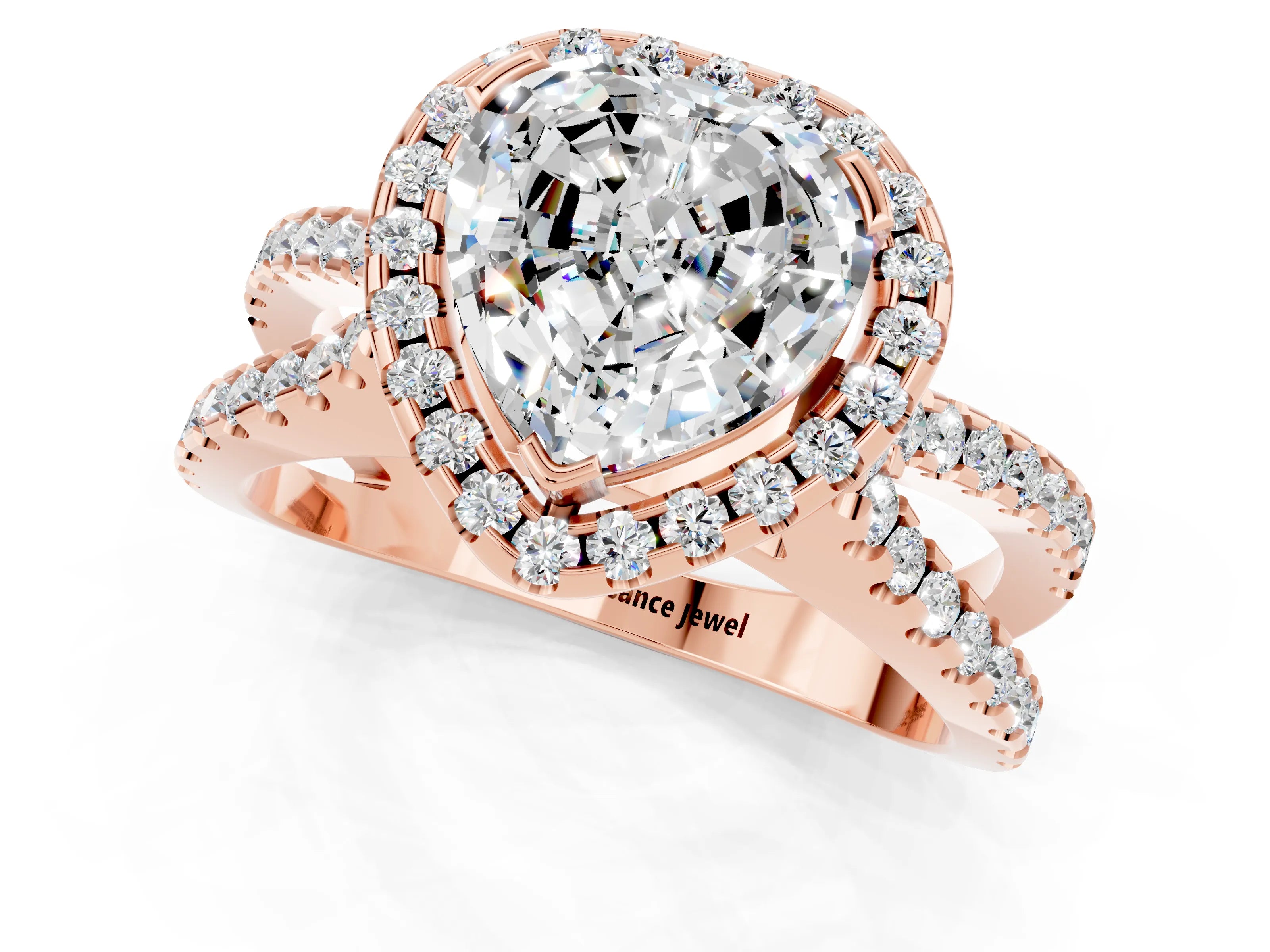 Rose gold Heart Cut Moissanite Halo Ring with Split Shank Pavé Band and Prong Setting_1