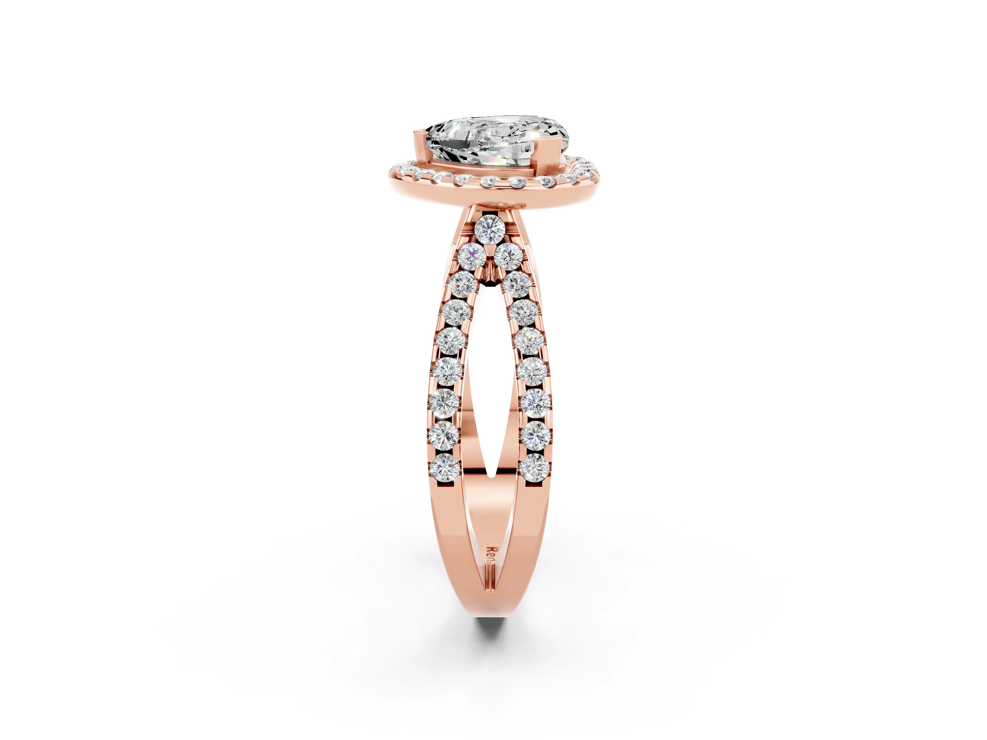 Rose gold Heart Cut Moissanite Halo Ring with Split Shank Pavé Band and Prong Setting_2
