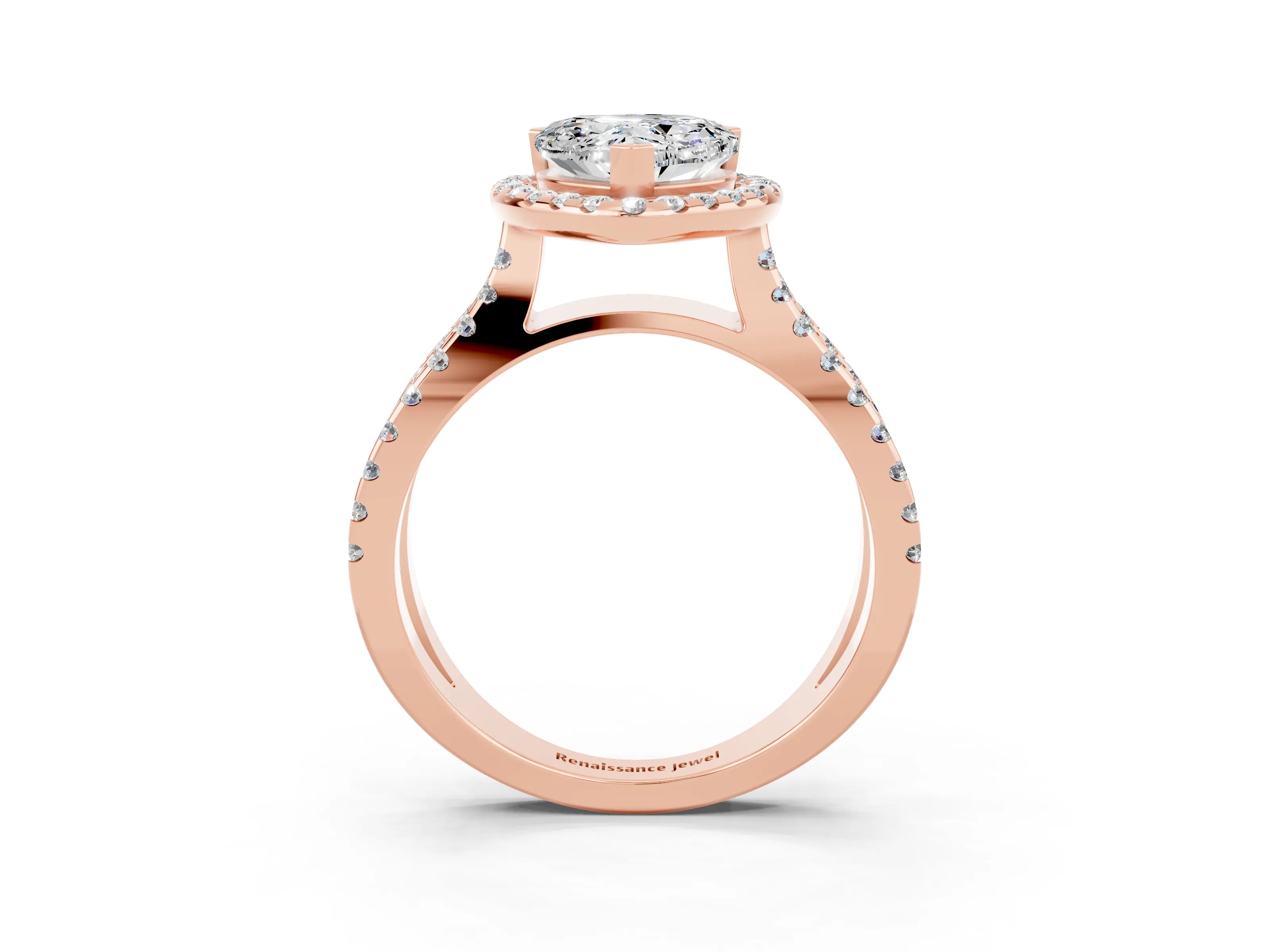 Rose gold Heart Cut Moissanite Halo Ring with Split Shank Pavé Band and Prong Setting_3