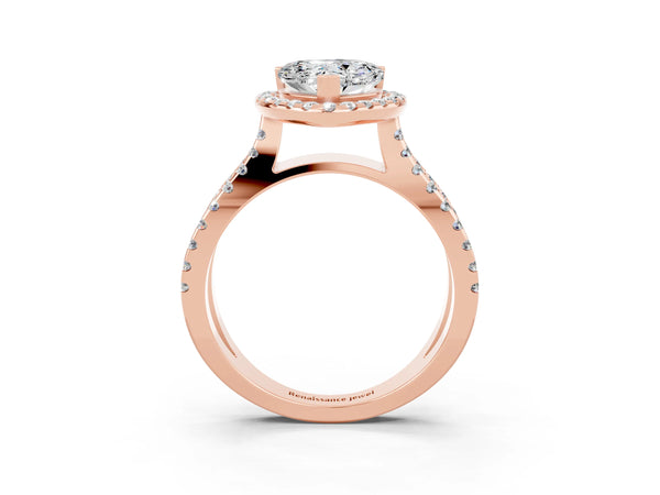 Rose gold Heart Cut Moissanite Halo Ring with Split Shank Pavé Band and Prong Setting