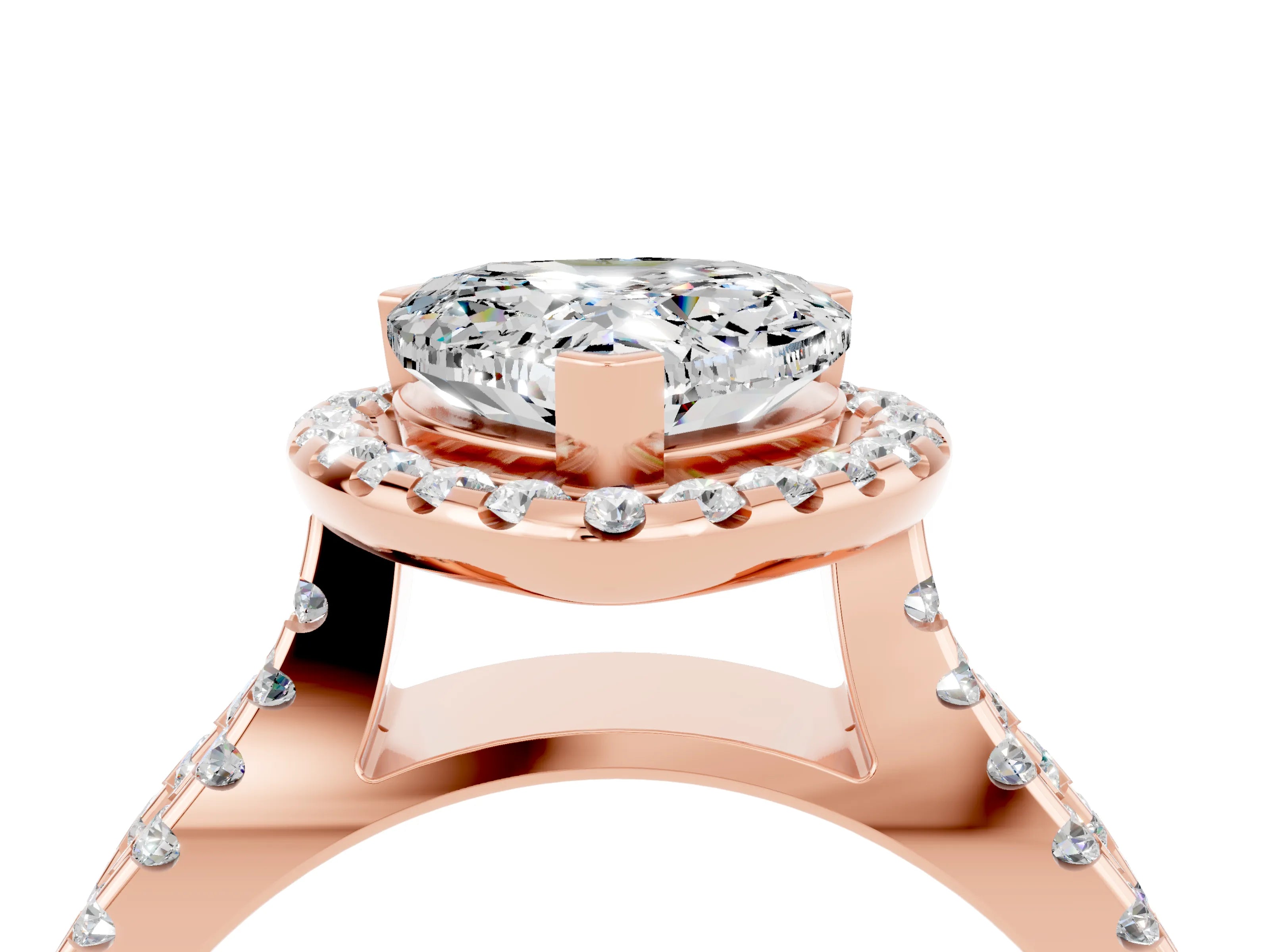 Rose gold Heart Cut Moissanite Halo Ring with Split Shank Pavé Band and Prong Setting_4