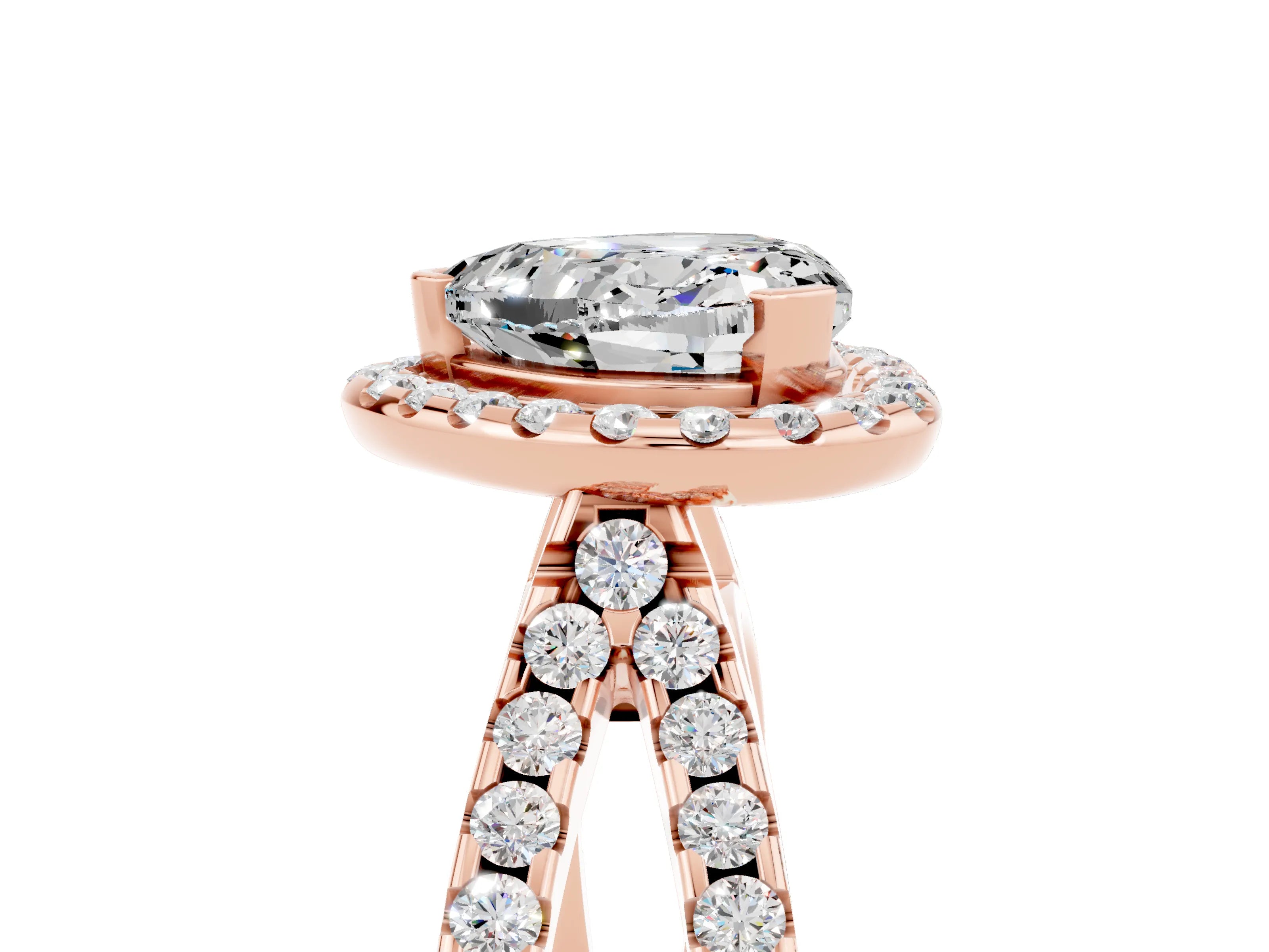 Rose gold Heart Cut Moissanite Halo Ring with Split Shank Pavé Band and Prong Setting_5