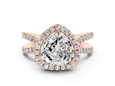 Rose gold Heart Cut Moissanite Halo Ring with Split Shank Pavé Band and Prong Setting