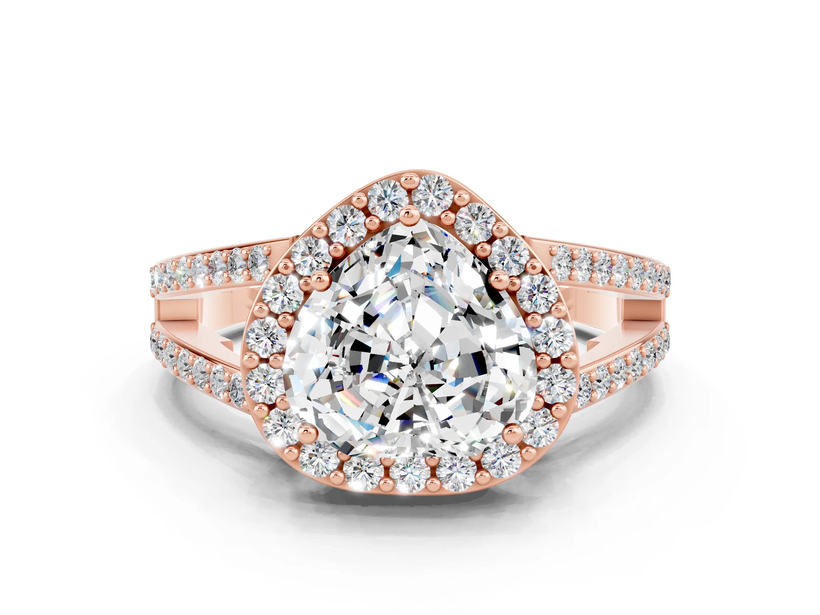 Rose gold Heart Cut Moissanite Halo Ring with Split Shank U-Prong Band and Four-Prong Setting