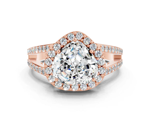 Rose gold Heart Cut Moissanite Halo Ring with Split Shank U-Prong Band and Four-Prong Setting