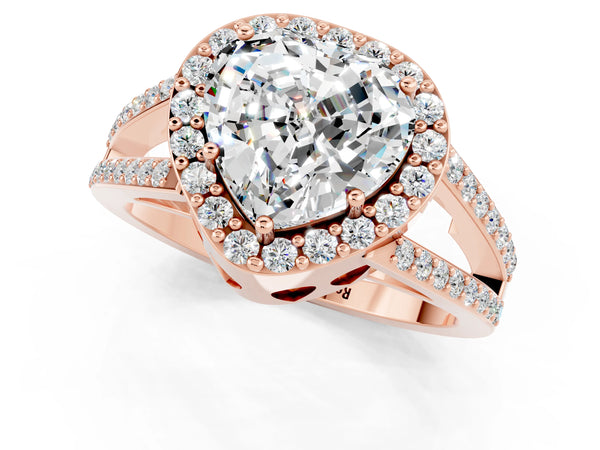 Rose gold Heart Cut Moissanite Halo Ring with Split Shank U-Prong Band and Four-Prong Setting