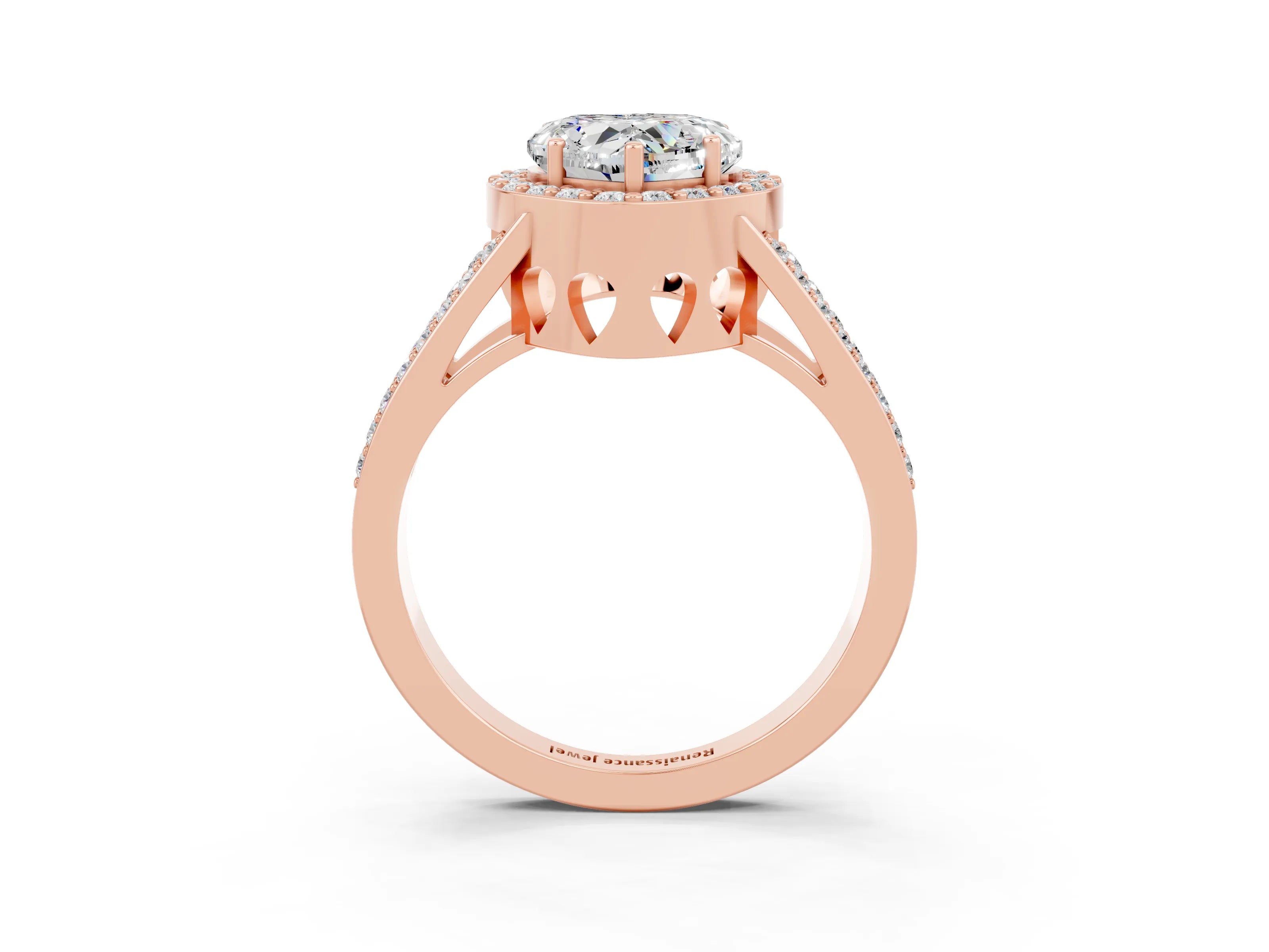 Rose gold Heart Cut Moissanite Halo Ring with Split Shank U-Prong Band and Four-Prong Setting_3