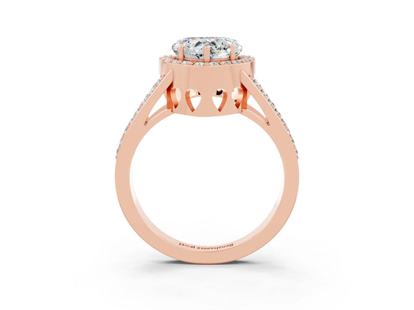 Rose gold Heart Cut Moissanite Halo Ring with Split Shank U-Prong Band and Four-Prong Setting