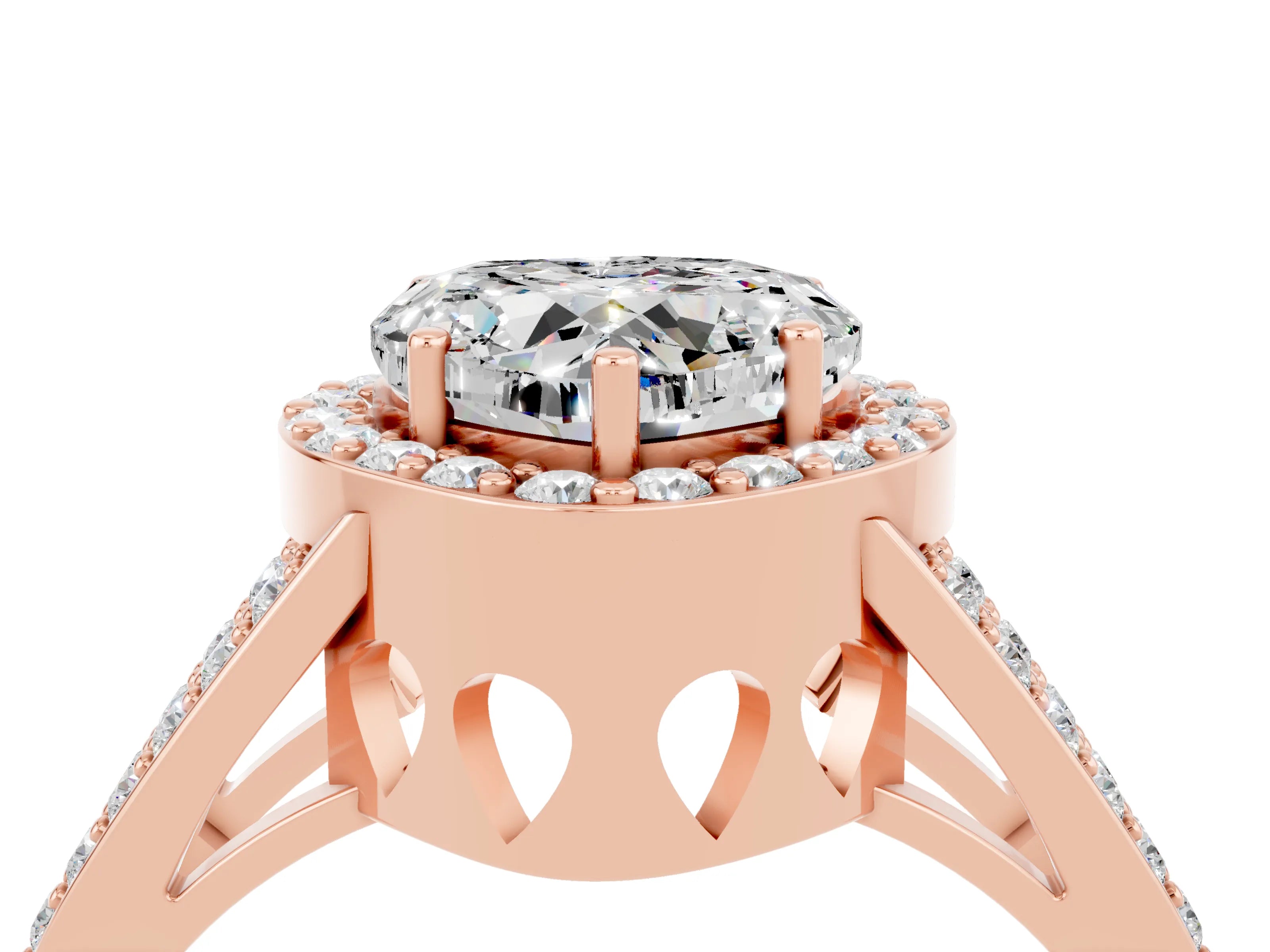 Rose gold Heart Cut Moissanite Halo Ring with Split Shank U-Prong Band and Four-Prong Setting_4