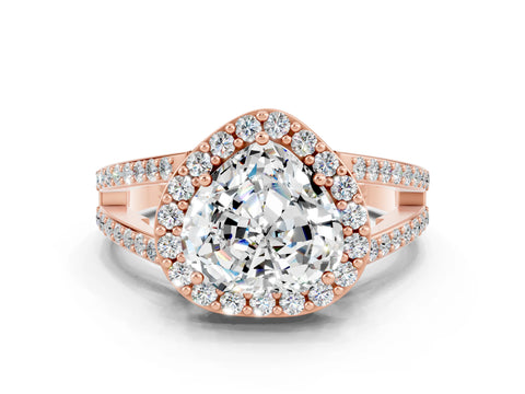 Rose gold Heart Cut Moissanite Halo Ring with Split Shank U-Prong Band and Four-Prong Setting