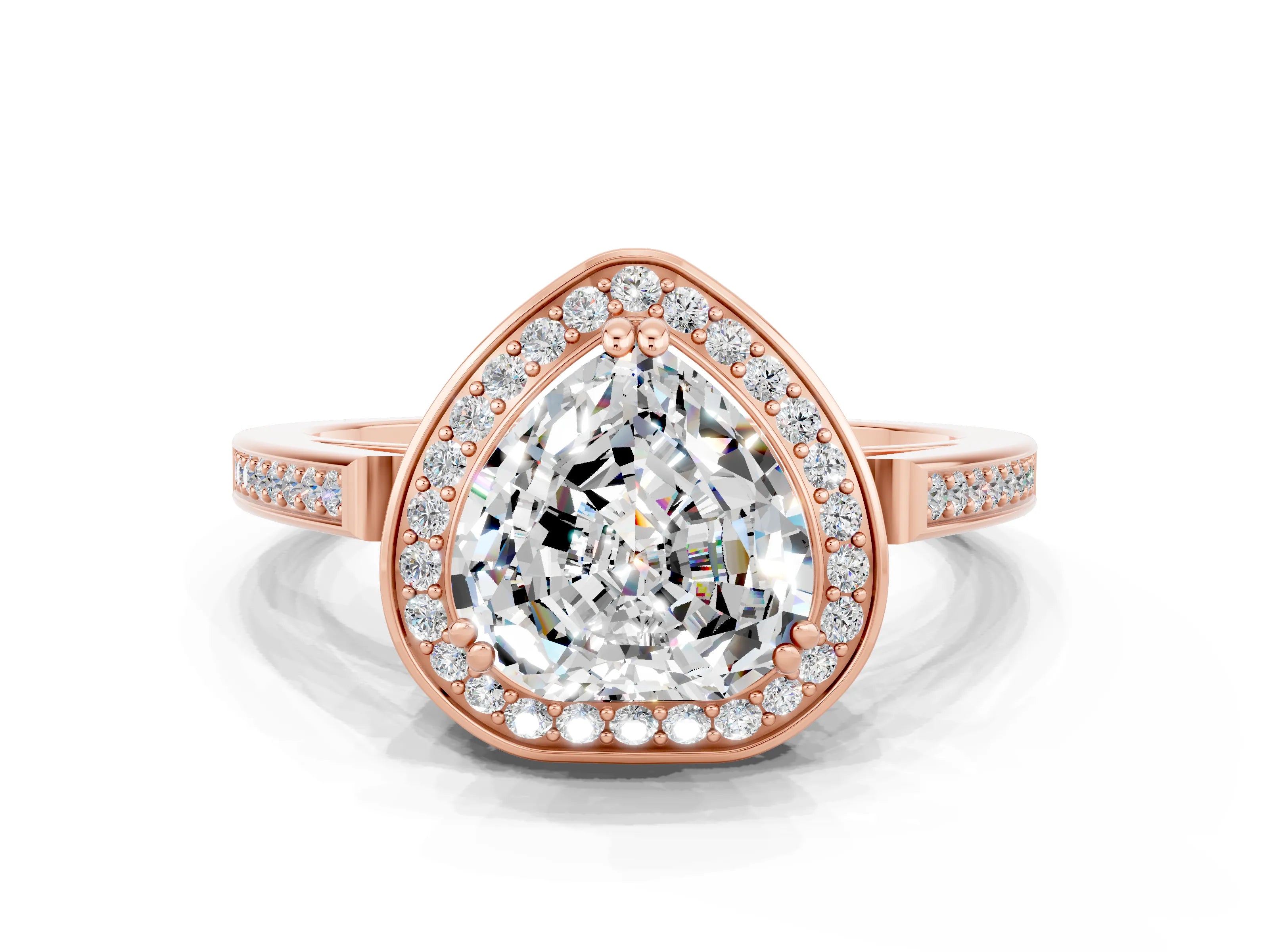 Rose gold Heart Cut Moissanite Halo Ring with Split Shank and Four-Prong Setting
