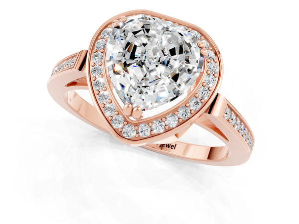 Rose gold Heart Cut Moissanite Halo Ring with Split Shank and Four-Prong Setting