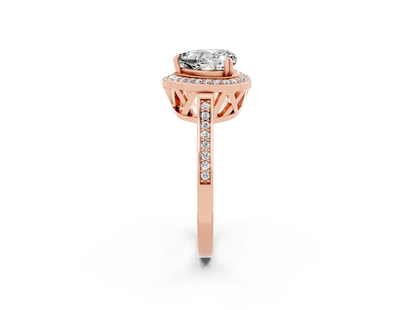 Rose gold Heart Cut Moissanite Halo Ring with Split Shank and Four-Prong Setting