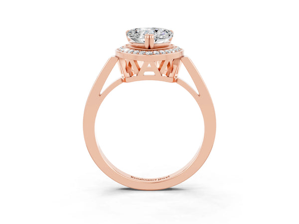 Rose gold Heart Cut Moissanite Halo Ring with Split Shank and Four-Prong Setting