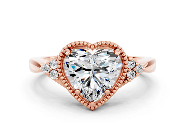 Rose gold Heart Cut Moissanite Halo Ring with Tapered Band and Four-Prong Setting