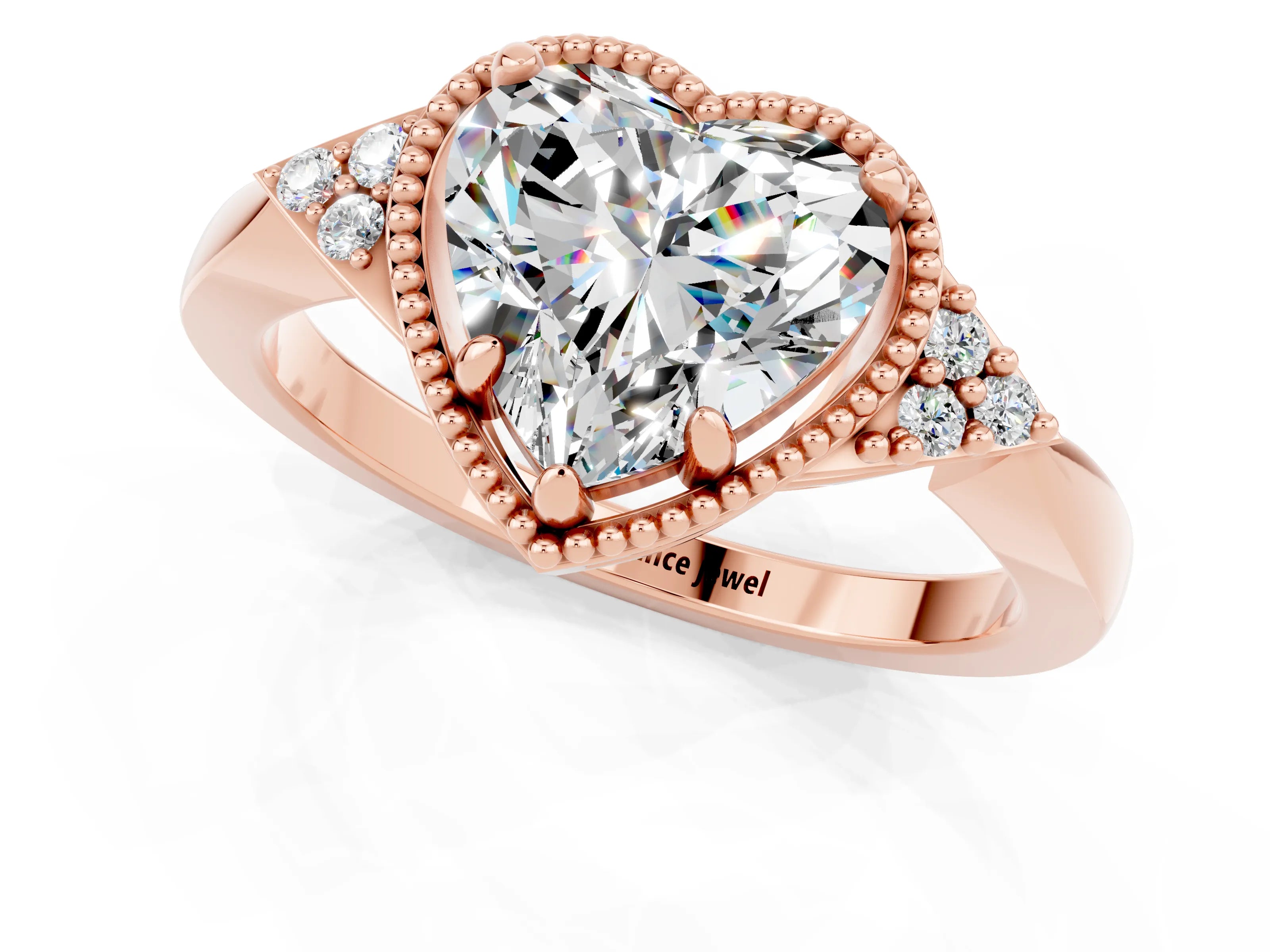 Rose gold Heart Cut Moissanite Halo Ring with Tapered Band and Four-Prong Setting_1