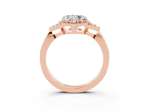 Rose gold Heart Cut Moissanite Halo Ring with Tapered Band and Four-Prong Setting