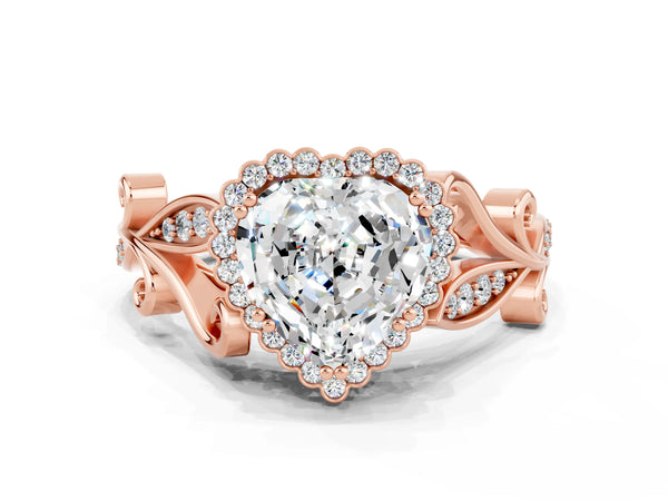 Rose gold Heart Cut Moissanite Halo Ring with Vintage Split Shank and Four-Prong Setting
