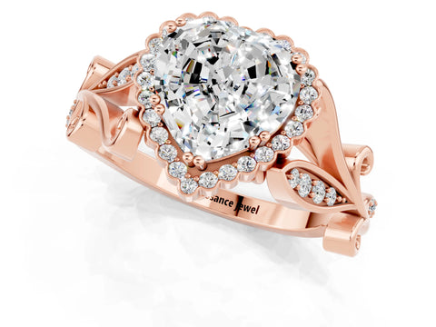 Rose gold Heart Cut Moissanite Halo Ring with Vintage Split Shank and Four-Prong Setting_1