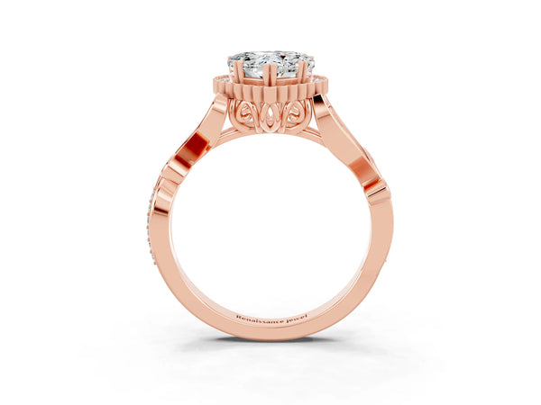 Rose gold Heart Cut Moissanite Halo Ring with Vintage Split Shank and Four-Prong Setting