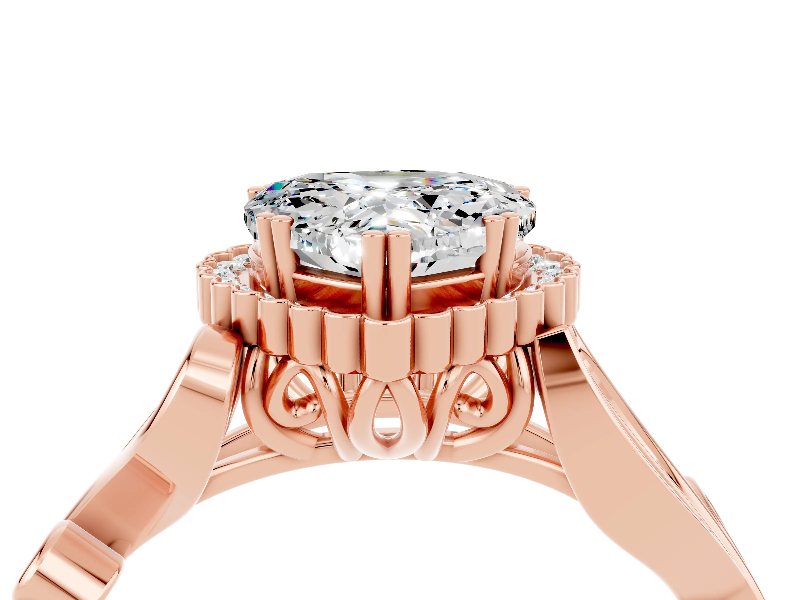Rose gold Heart Cut Moissanite Halo Ring with Vintage Split Shank and Four-Prong Setting_4