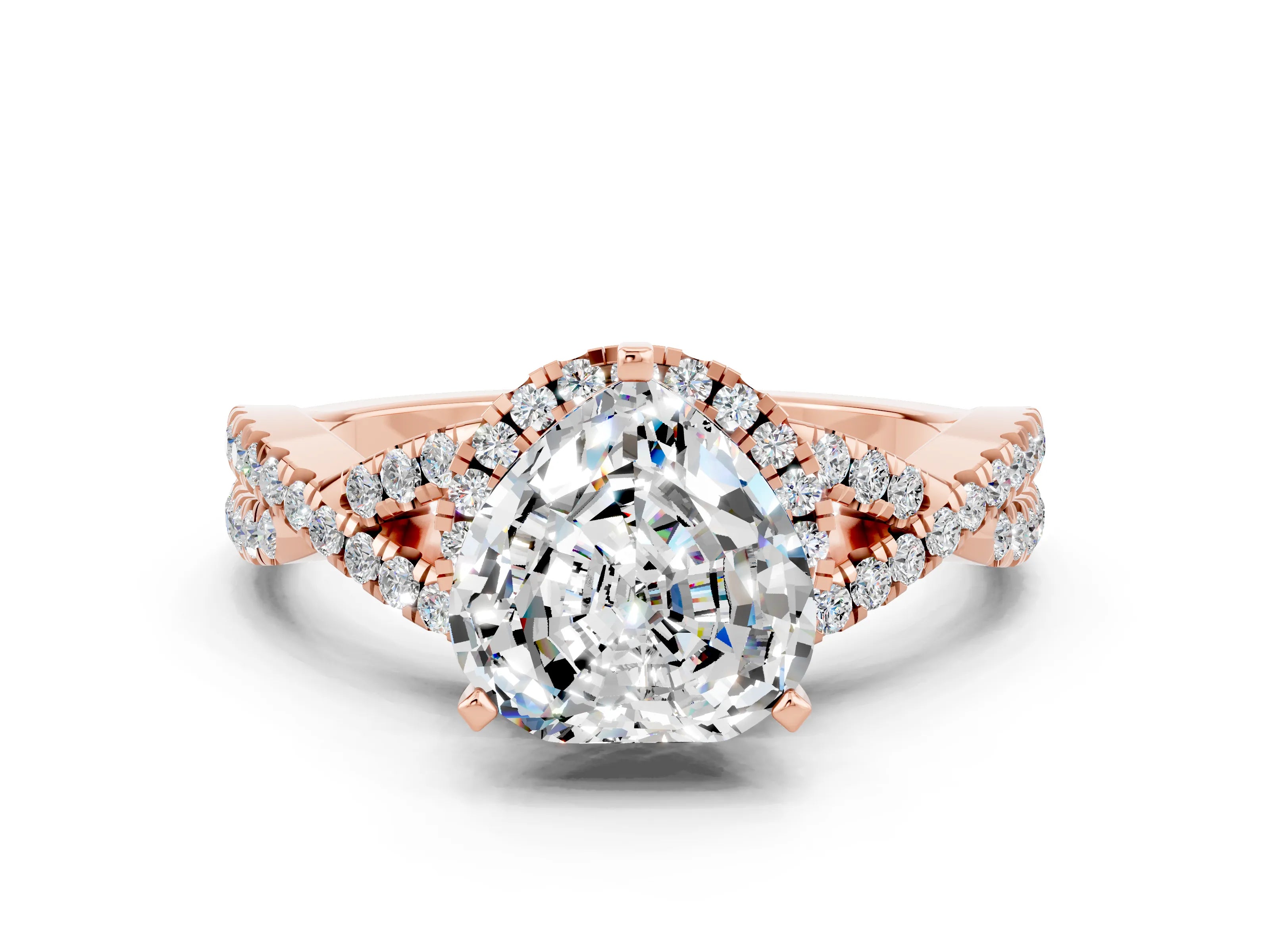 Rose gold Heart Cut Moissanite Halo Twist Band Solitaire Prong Setting Ring
