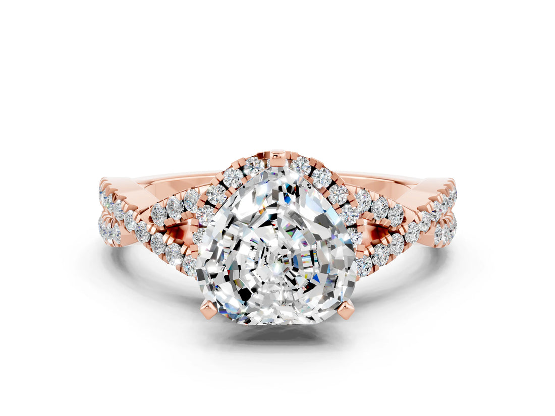 Rose gold Heart Cut Moissanite Halo Twist Band Solitaire Prong Setting Ring