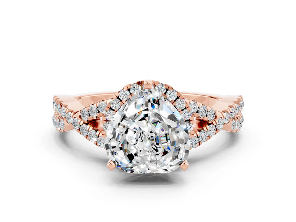 Rose gold Heart Cut Moissanite  Halo Twist Band Solitaire Prong Setting Ring